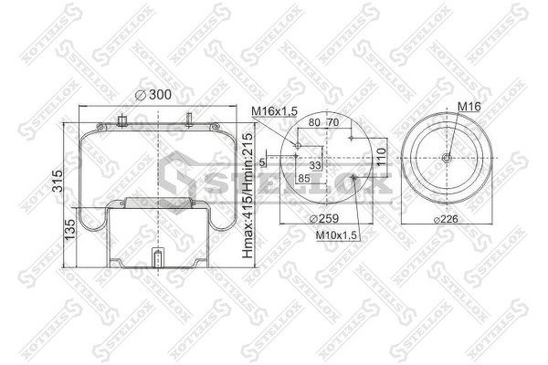 Пневмоп. со стак. 3шп.M10 1отв-шт.M16 смещ.28 Порш.сталь1отв.M16 DAF