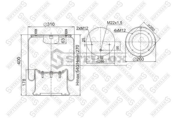 Пневмоподушка со стак.2шп.M12 смещ.25 1отв-шт.M22 Порш сталь 4отв.M12Schmitz,Weweler