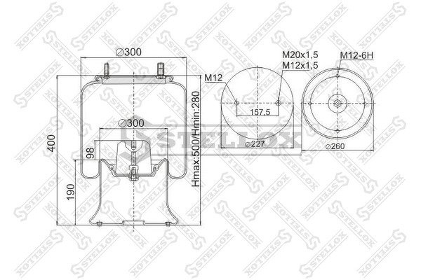 Пневмоподушка со стак.1шп.M12 1шп-штуц.M12/20x1.5 Поршень сталь 4отв.M12 Fruehauf SMB