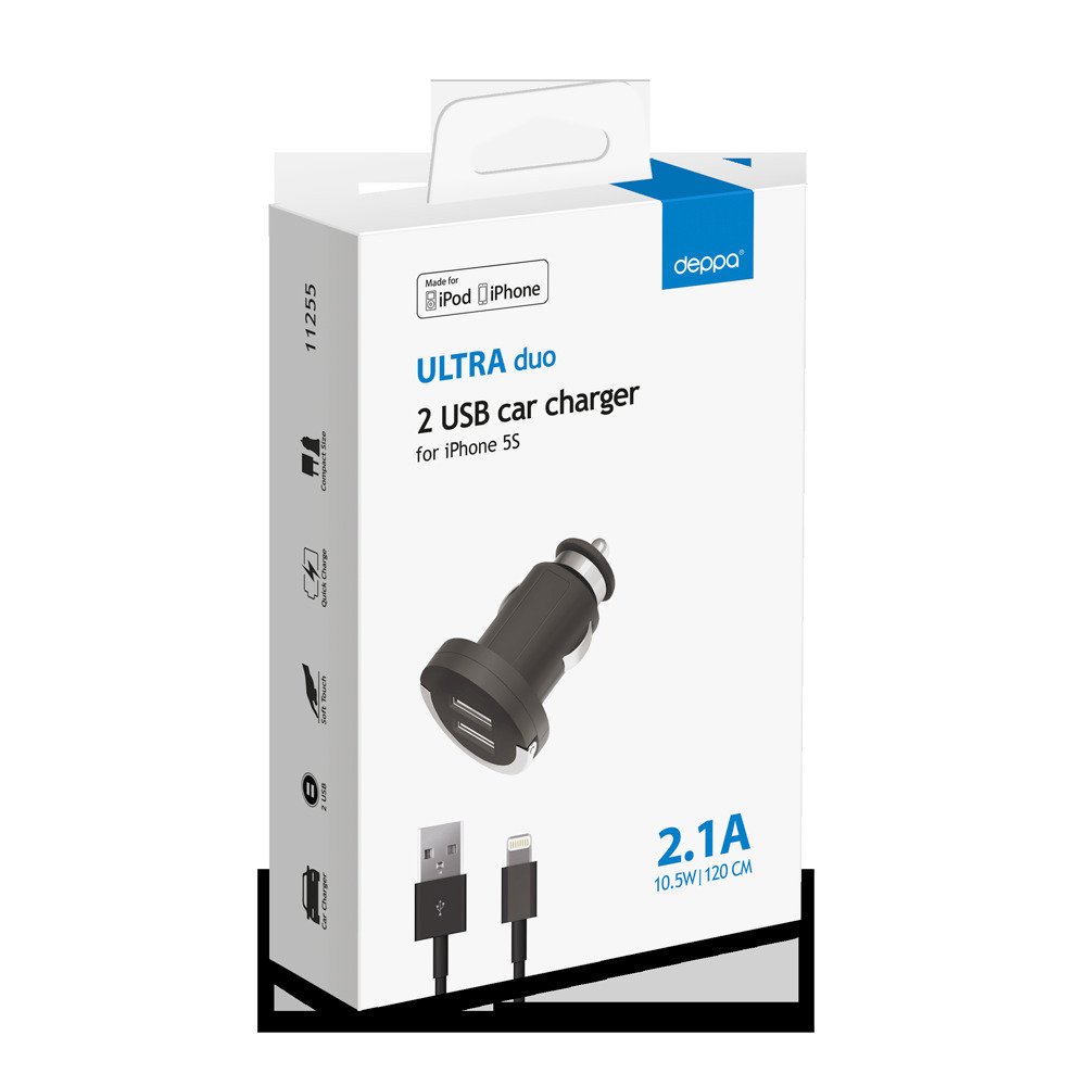 АЗУ 2 USB 2.1А, дата-кабель 8-pin для Apple (MFI), черный, Ultra, Deppa, 11255