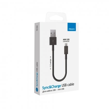 Дата-кабель USB-mini USB, 1.2м, черный, DEPPA, 72104