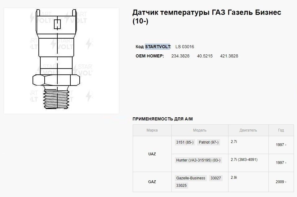 Датчик температуры для а/м ГАЗ Газель Бизнес (10-)