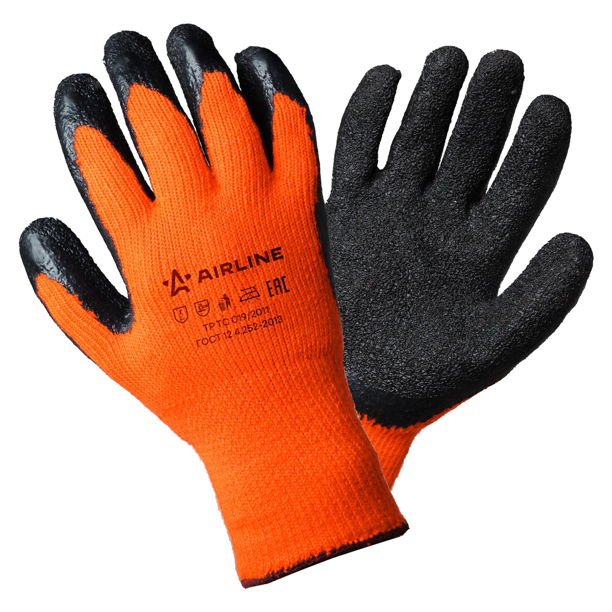 Перчатки акриловые с двухслойным латексным покрытием ладони (XL), утепленные, оранж./черн. (AWG-W-05)