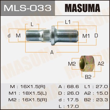 Шпилька колесная M16x1.5(R), M1:18x1.5(L)