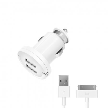АЗУ 2 USB 2,1А, дата-кабель с разъемом 30-pin для Apple, белый, Ultra, Deppa, 11205
