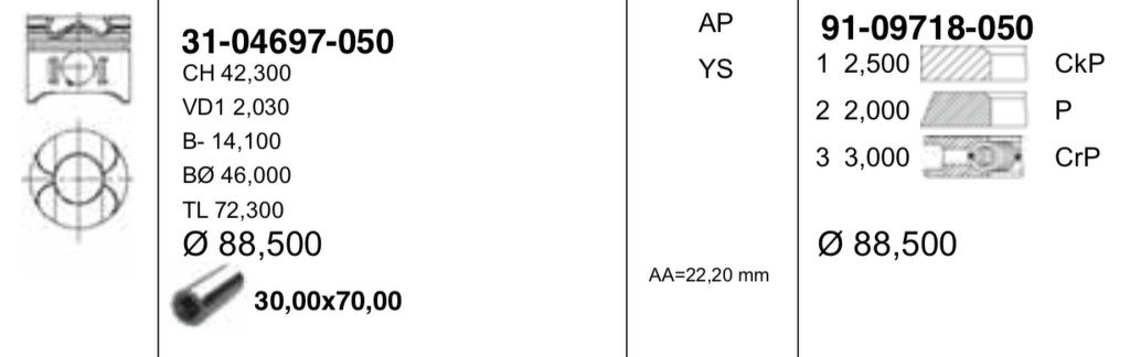 Поршень двс с кольцами mb 2.2/2.7/3.2cdi om646/647/648 =88 2.5x2x3 +0.50 02