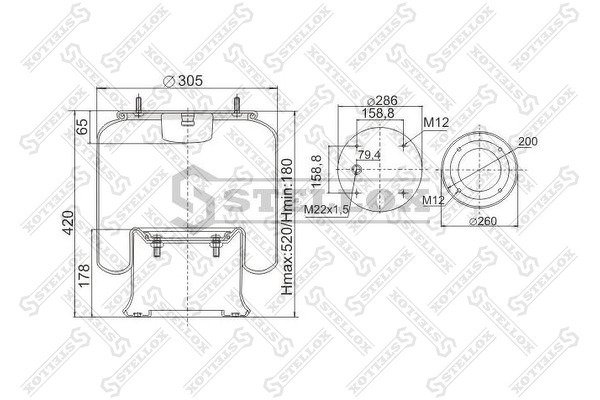 Пневмоподушка со стак4шп.M12. 1отв.шт.M22. Порш стальн.4отв.M12 SAF/ROR/Trailor/Volvo