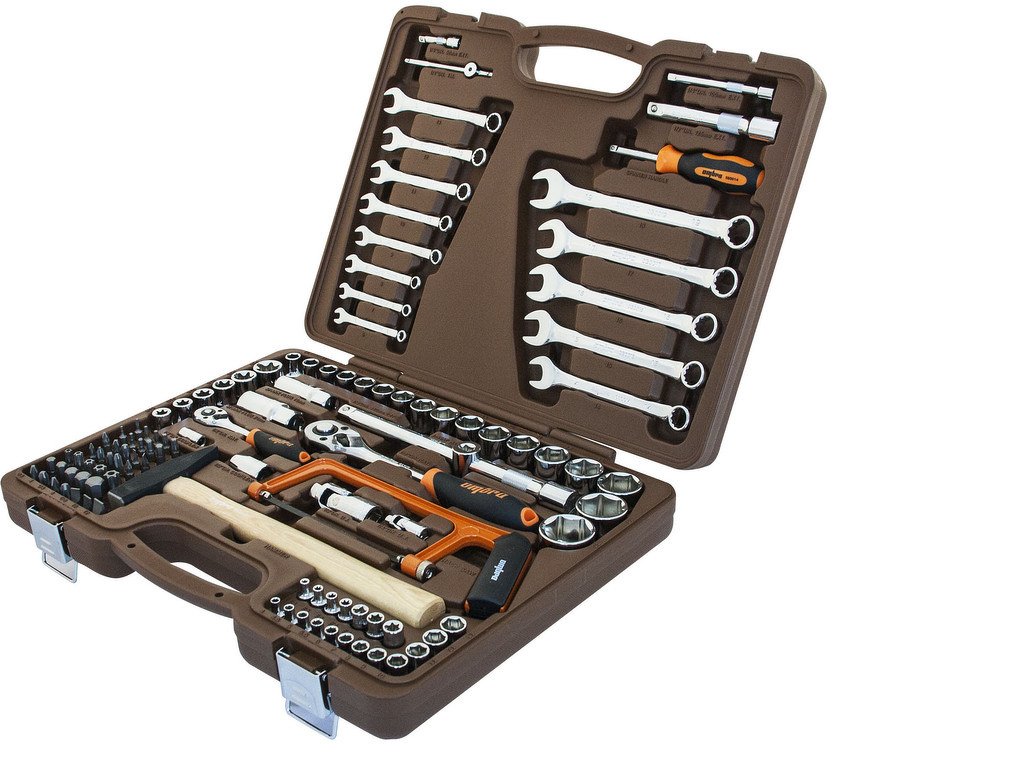 OMT109SL Универсальный набор инструмента торцевые головки 1/4"DR и 1/2"DR, аксессуары к ним и комбинированные ключи, 109 предметов