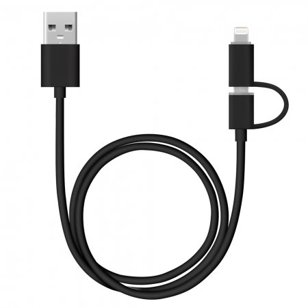 Дата-кабель USB 2 в 1: 8-pin для Apple, micro USB, 1.2м, черный, Deppa, 72204