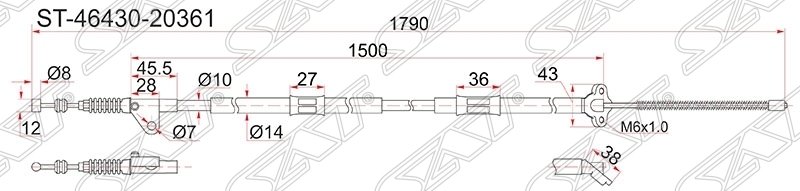 Трос ручника TY Corona/Caldina #T19#/21# 2WD (барабан тормоза) - LH