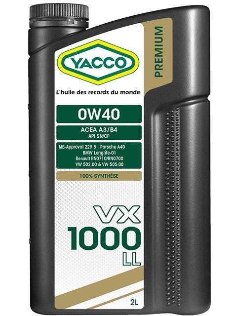 Масло моторное YACCO VX 1000 LL синт. 0W40,SN, CF (2 л)