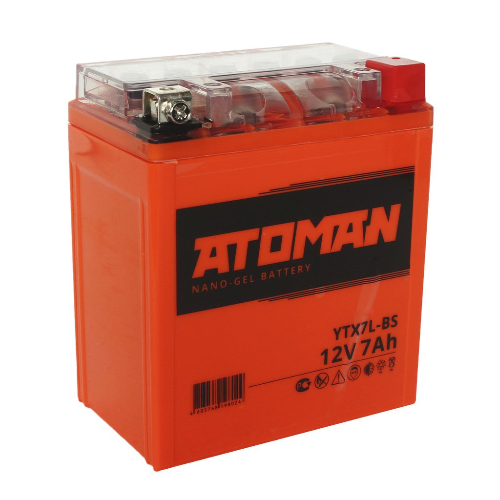 Мото atoman nano gel 12v 7ah (ytx7l-bs) о/п дxшxв 11,3x7x13,2 см (8шт/уп)